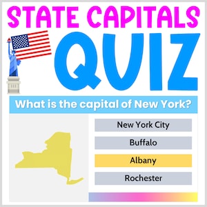 Quiz sur la capitale de l&#39;État des États-Unis #1 - Choix multiples - Jeu interactif de géographie des États-Unis - Jeu-questionnaire sur les États-Unis pour les enfants