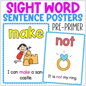 Puede incluir: Dos carteles coloridos con palabras de vista y oraciones. El primer cartel presenta la palabra "make" y la oración "I can make a sandcastle." El segundo cartel presenta la palabra "not" y la oración "It is not my ring."