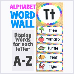 Mural de Palavras do Alfabeto | Aprenda as palavras para cada letra | Pôsteres coloridos para sala de aula | Decoração para sala de aula da pré-escola e jardim de infância