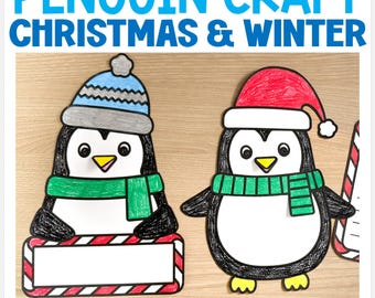 May include: Two penguin craft templates for a winter or Christmas themed bulletin board or writing activity. One penguin is wearing a blue and white hat and the other is wearing a red Santa hat. Both penguins have green striped scarves.
