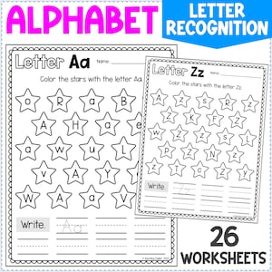 Hojas de trabajo de reconocimiento de letras / Alfabeto en mayúsculas y minúsculas / Plan de estudios del alfabeto para preescolar y jardín de infantes