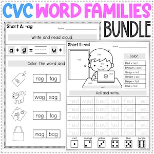 CVC Word Families Bundle | CVC Words Review Worksheets | Printable Phonics Short Vowels Kindergarten and First Grade Phonics Curriculum