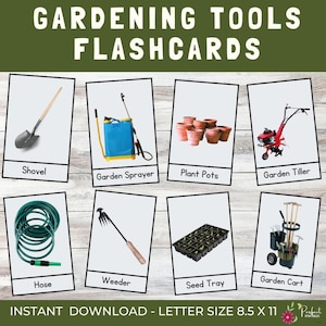 Tarjetas didácticas sobre herramientas de jardinería / 42 tarjetas Montessori con elementos esenciales para jardines y patios