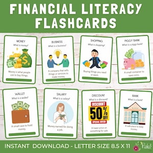 Tarjetas de vocabulario de educación financiera / Educación financiera y sobre dinero para niños / Tarjetas de vocabulario imprimibles para aprender sobre el dinero