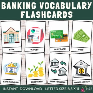 Schede didattiche di vocabolario bancario / Schede di termini bancari per bambini, terminologia bancaria per principianti