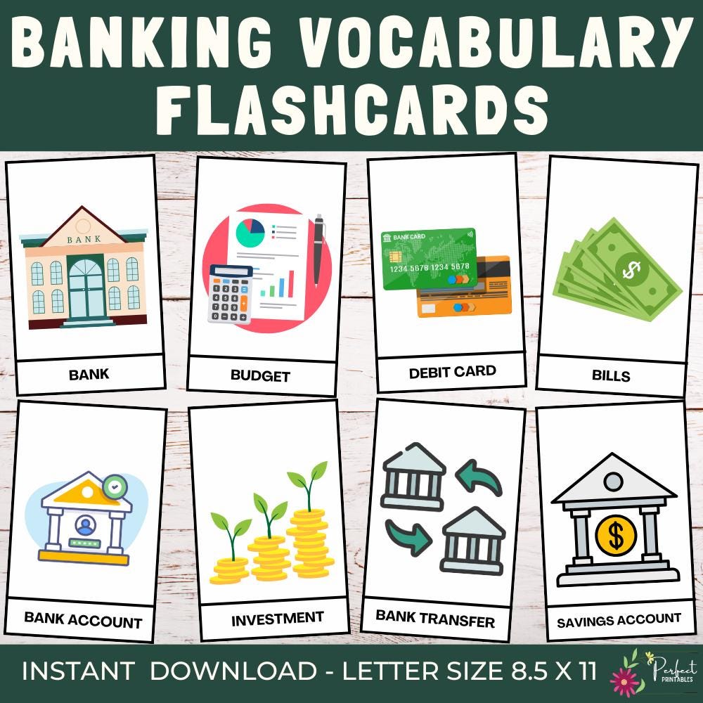 Banking Vocabulary Flashcards | Banking Terms Cards For Kids, Banking Terminology for Beginners
