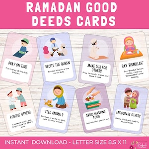 Kaarten met goede daden voor de ramadan | 30 dagen afdrukbare islamitische activiteit voor moslimkinderen, dagelijkse vriendelijkheidskaarten