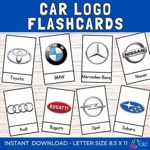 Flashcards met autologo | 36 logo's van bekende automerken, bedrijfsflashcards voor kinderen | Montessorimaterialen, autosymbolen in de VS