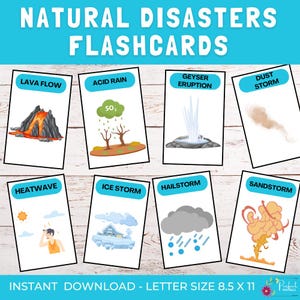 Flashcards de Desastres Naturais | Cartões de Geografia sobre Clima e Desastres, Calamidades | Cartão Montessori de 3 Partes