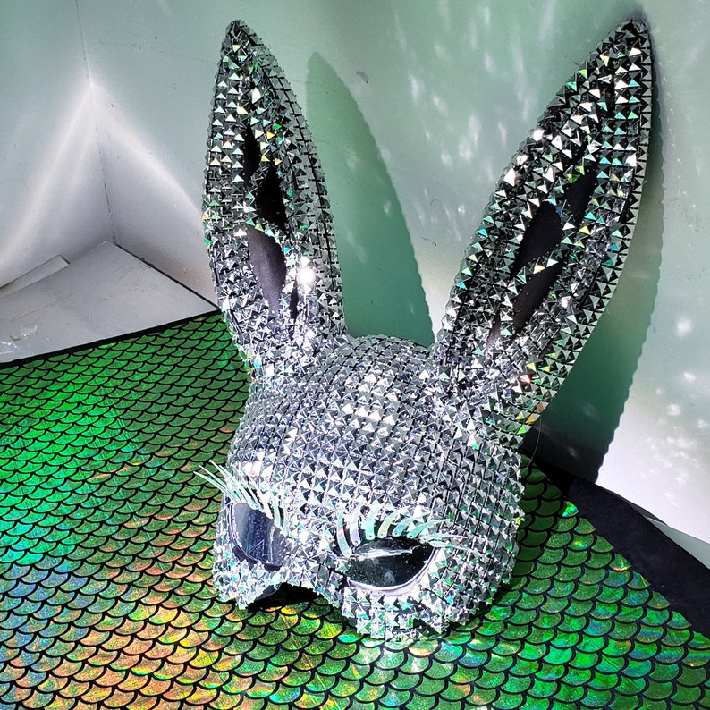 Music Festival Wear Silver Stud Holographic Eyelash Bunny Mask Burning Man Women Carnival Party Rabbit Mask Halloween Costumes Dancer Show