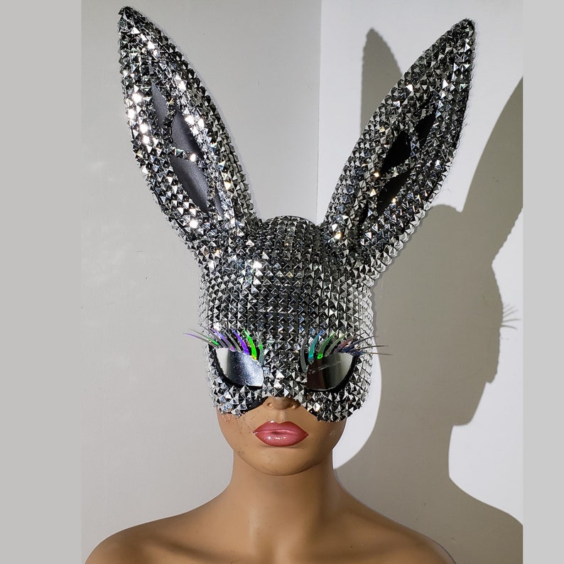 Music Festival Wear Silver Stud Holographic Eyelash Bunny Mask Burning Man Women Carnival Party Rabbit Mask Halloween Costumes Dancer Show