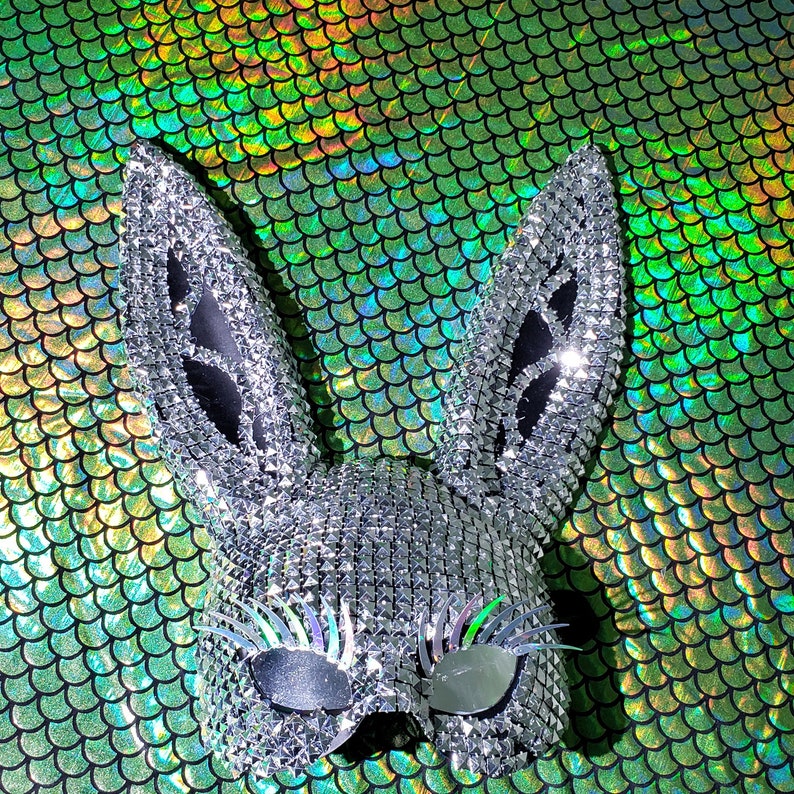 Music Festival Wear Silver Stud Holographic Eyelash Bunny Mask Burning Man Women Carnival Party Rabbit Mask Halloween Costumes Dancer Show