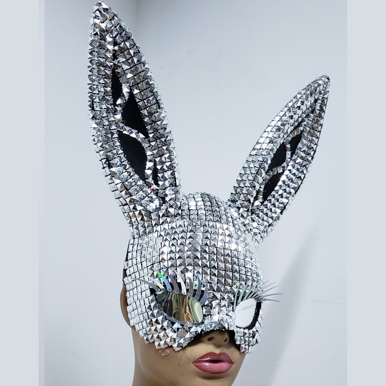 Music Festival Wear Silver Stud Holographic Eyelash Bunny Mask Burning Man Women Carnival Party Rabbit Mask Halloween Costumes Dancer Show