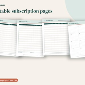 K&ouml;nnte beinhalten: Vier druckbare Abonnementseiten mit dem Titel Porchlight Ledger, darunter eine Abonnentenliste, eine Abonnement&uuml;bersicht, ein Testzeitraum-Tracker und ein Verl&auml;ngerungskalender, jeweils mit Rasterlayout und Zeilen f&uuml;r Daten.