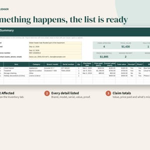Puede incluir: Una hoja de c&aacute;lculo digital titulada Porchlight Ledger con el texto If something happens, the list is ready. Muestra un resumen de reclamaci&oacute;n con datos de ejemplo, incluyendo columnas para habitaci&oacute;n, art&iacute;culo, categor&iacute;a, marca y valor.