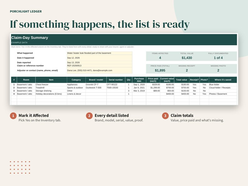 Puede incluir: Una hoja de c&aacute;lculo digital titulada Porchlight Ledger con el texto If something happens, the list is ready. Muestra un resumen de reclamaci&oacute;n con datos de ejemplo, incluyendo columnas para habitaci&oacute;n, art&iacute;culo, categor&iacute;a, marca y valor.