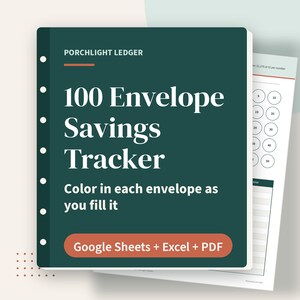 Rastreador de ahorros con 100 sobres, reto de 52 semanas sin gastos, Google Sheets, Excel, PDF imprimible imagen 1
