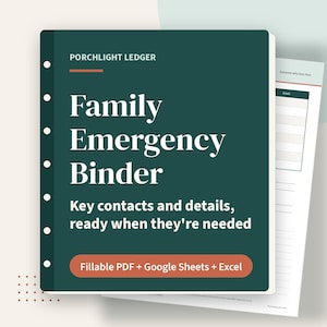 Family Emergency Binder, Important Information Organizer, Household Contacts, Medical, Accounts and Bills, Fillable PDF, Spreadsheet image 1