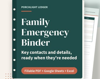 Notfallordner für die Familie, Organizer für wichtige Informationen, Haushaltskontakte, medizinische Daten, Konten und Rechnungen, ausfüllbares PDF, Tabellenkalkulation