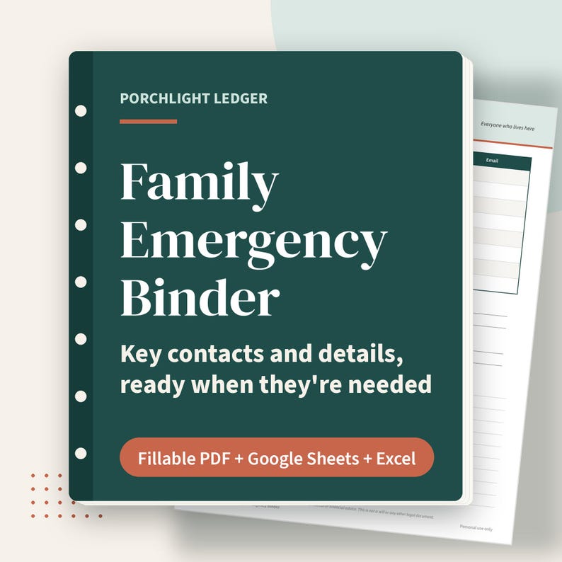 Family Emergency Binder, Important Information Organizer, Household Contacts, Medical, Accounts and Bills, Fillable PDF, Spreadsheet image 1