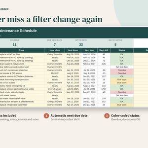 Home Maintenance Schedule Spreadsheet, Seasonal Checklist and Repair Log, Google Sheets, Excel, Printable PDF image 3