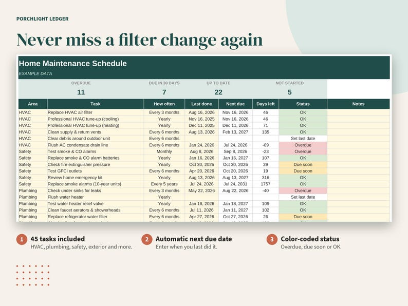 Home Maintenance Schedule Spreadsheet, Seasonal Checklist and Repair Log, Google Sheets, Excel, Printable PDF image 3