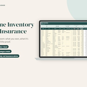 Puede incluir: Una plantilla de hoja de c&aacute;lculo digital de inventario dom&eacute;stico para Google Sheets y Excel titulada Home Inventory for Insurance. La interfaz muestra columnas para habitaci&oacute;n, art&iacute;culo, categor&iacute;a, marca, modelo, n&uacute;mero de serie, cantidad, fecha y valor.