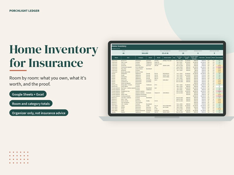 Puede incluir: Una plantilla de hoja de c&aacute;lculo digital de inventario dom&eacute;stico para Google Sheets y Excel titulada Home Inventory for Insurance. La interfaz muestra columnas para habitaci&oacute;n, art&iacute;culo, categor&iacute;a, marca, modelo, n&uacute;mero de serie, cantidad, fecha y valor.