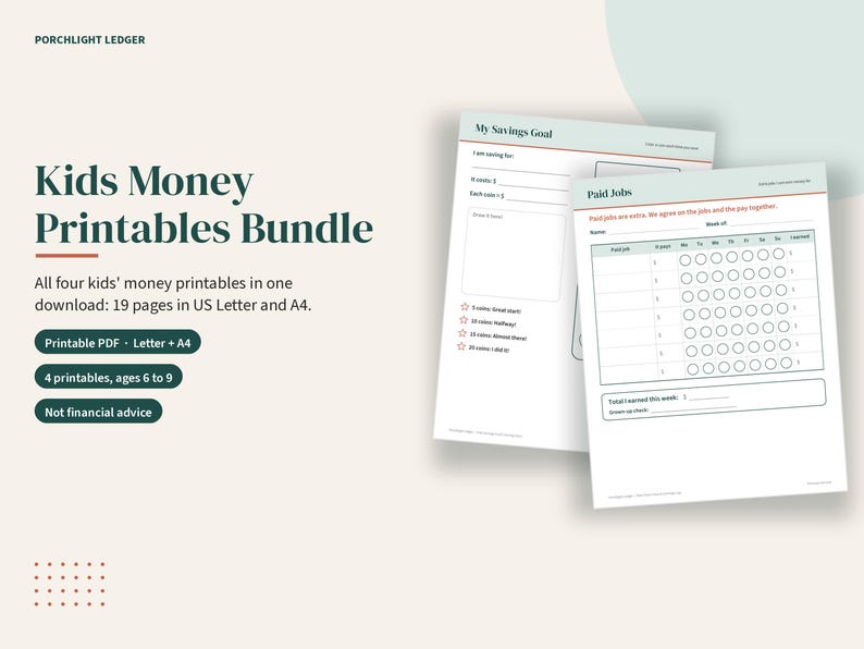 Paquete de imprimibles sobre dinero para niños: tabla de tareas, tabla de objetivos de ahorro, juego de necesidades vs. deseos y registro semanal de dinero para niños de 6 a 9 años (PDF). imagen 2