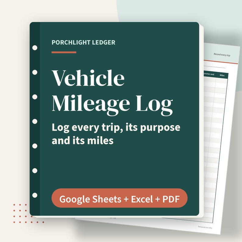 Mileage Log Spreadsheet, Vehicle Trip Tracker for Business & Personal Use, Google Sheets, Excel, Printable PDF image 1