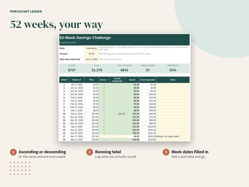 Rastreador de ahorros con 100 sobres, reto de 52 semanas sin gastos, Google Sheets, Excel, PDF imprimible imagen 3