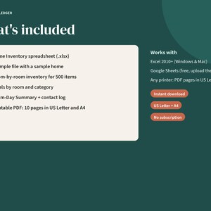 Puede incluir: Una plantilla de hoja de c&aacute;lculo para inventario dom&eacute;stico titulada Porchlight Ledger. El documento enumera caracter&iacute;sticas que incluyen un archivo de muestra, inventario por habitaci&oacute;n para 500 art&iacute;culos, totales por categor&iacute;a y un PDF de 10 p&aacute;ginas.