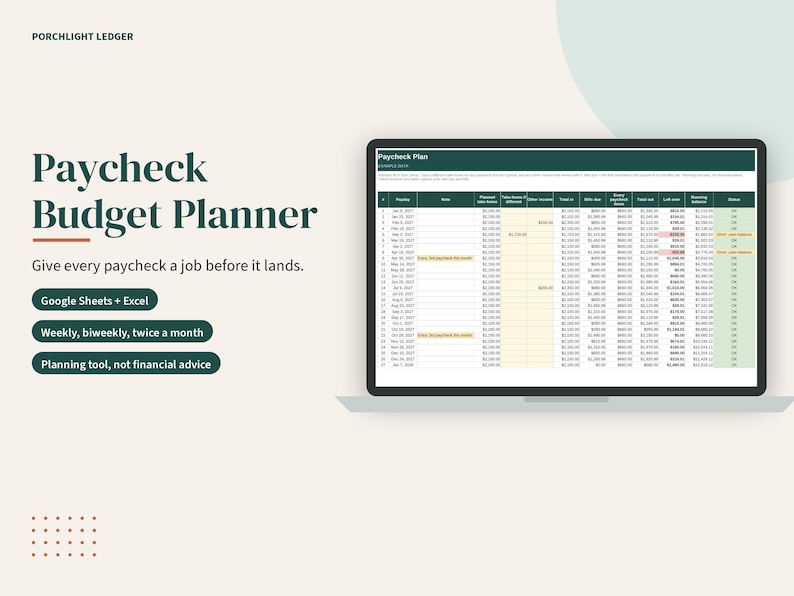 May include: A digital Paycheck Budget Planner spreadsheet displayed on a laptop screen. The interface features columns for dates, income, bills, and savings. Text includes Porchlight Ledger, Paycheck Budget Planner, Google Sheets + Excel.