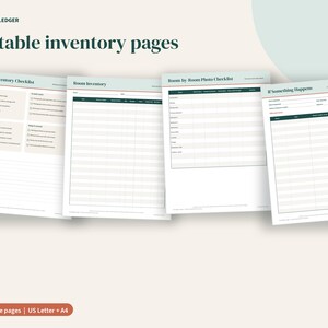 Puede incluir: Cuatro p&aacute;ginas de inventario imprimibles tituladas Porchlight Ledger, Home Inventory Checklist, Room Inventory, Room by Room Photo Checklist e If Something Happens. Los documentos presentan encabezados verde oscuro, fondos beige claro y l&iacute;neas de cuadr&iacute;cula.