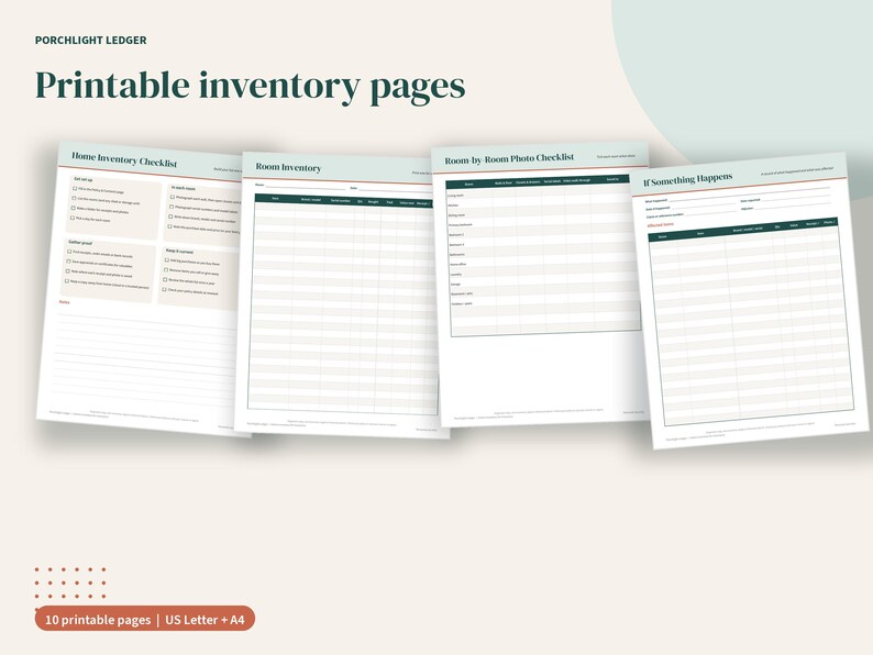 Puede incluir: Cuatro p&aacute;ginas de inventario imprimibles tituladas Porchlight Ledger, Home Inventory Checklist, Room Inventory, Room by Room Photo Checklist e If Something Happens. Los documentos presentan encabezados verde oscuro, fondos beige claro y l&iacute;neas de cuadr&iacute;cula.