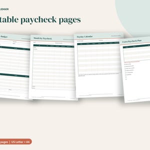 May include: Four printable financial planning pages titled Porchlight Ledger, including Paycheck Budget, Month by Paycheck, Payday Calendar, and Extra Paycheck Plan. The documents feature dark green headers, white backgrounds, and organised tables.