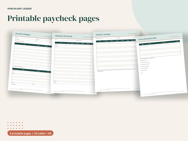 May include: Four printable financial planning pages titled Porchlight Ledger, including Paycheck Budget, Month by Paycheck, Payday Calendar, and Extra Paycheck Plan. The documents feature dark green headers, white backgrounds, and organised tables.