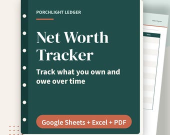 純資産トラッカースプレッドシート、月次資産・負債ダッシュボード、Googleスプレッドシート、Excel、印刷可能なPDF