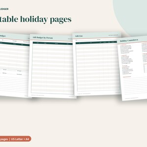 K&ouml;nnte beinhalten: Vier druckbare Feiertagsseiten von Porchlight Ledger mit einem Urlaubsbudget, Geschenkbudget pro Person, Geschenkliste und Feiertags-Countdown. Jede wei&szlig;e Seite enth&auml;lt dunkelgr&uuml;ne &Uuml;berschriften, rote Akzente und organisierte Tabellen.