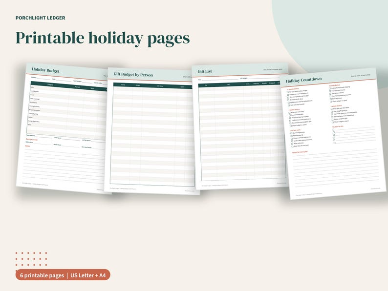 K&ouml;nnte beinhalten: Vier druckbare Feiertagsseiten von Porchlight Ledger mit einem Urlaubsbudget, Geschenkbudget pro Person, Geschenkliste und Feiertags-Countdown. Jede wei&szlig;e Seite enth&auml;lt dunkelgr&uuml;ne &Uuml;berschriften, rote Akzente und organisierte Tabellen.