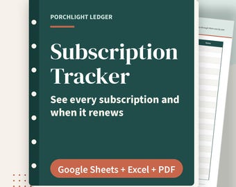 Abonnement-Übersichtstabelle, Protokoll für kostenlose Testversionen und Verlängerungen, monatliche Kostenübersicht, Google Sheets, Excel, druckbare PDF-Datei