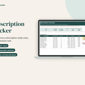 K&ouml;nnte beinhalten: Ein digitaler Abonnement-Tracker auf einem Laptop-Bildschirm, der eine Tabelle mit Spalten f&uuml;r Abonnementnamen, Verl&auml;ngerungsdaten, Preise, K&uuml;ndigungsfristen und Status anzeigt, inklusive des Textes Porchlight Ledger.