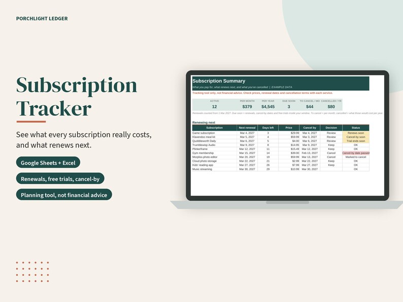 K&ouml;nnte beinhalten: Ein digitaler Abonnement-Tracker auf einem Laptop-Bildschirm, der eine Tabelle mit Spalten f&uuml;r Abonnementnamen, Verl&auml;ngerungsdaten, Preise, K&uuml;ndigungsfristen und Status anzeigt, inklusive des Textes Porchlight Ledger.