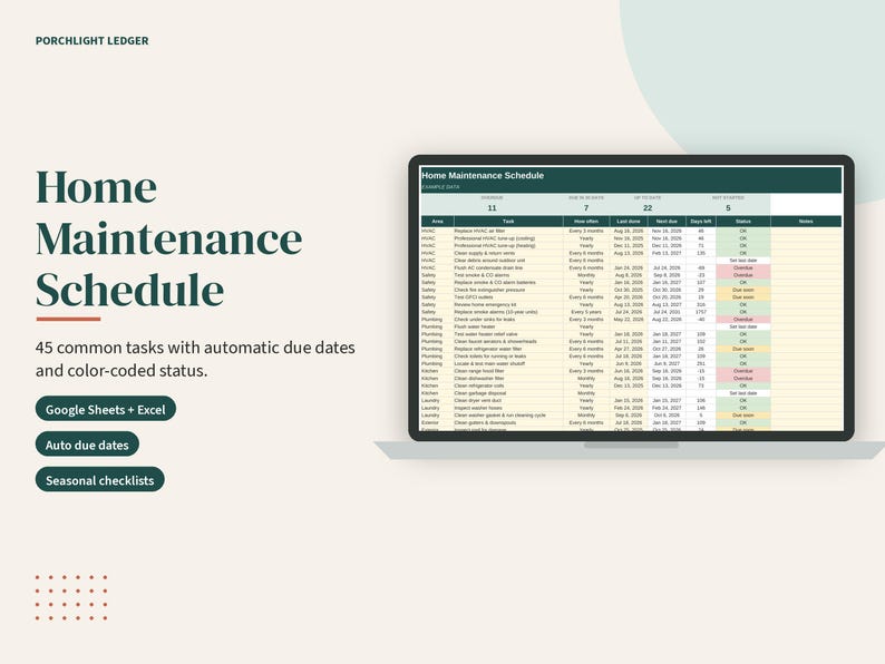 Home Maintenance Schedule Spreadsheet, Seasonal Checklist and Repair Log, Google Sheets, Excel, Printable PDF image 2