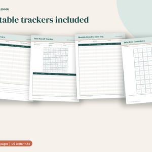 May include: Four printable financial tracking sheets titled Porchlight Ledger, including Debt Overview, Debt Payoff Tracker, Monthly Debt Payment Log, and Debt Free Countdown. Each page features dark green headers, grid layouts, and blank lines.