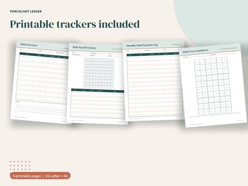 May include: Four printable financial tracking sheets titled Porchlight Ledger, including Debt Overview, Debt Payoff Tracker, Monthly Debt Payment Log, and Debt Free Countdown. Each page features dark green headers, grid layouts, and blank lines.