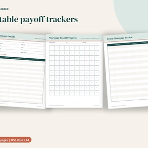 May include: Three printable mortgage payoff tracker pages with a cream background and dark green accents. The pages are titled Mortgage Details, Mortgage Payoff Progress, and Yearly Mortgage Review, featuring tables, grids, and fields for financial data.