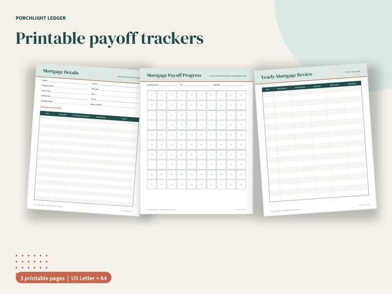 May include: Three printable mortgage payoff tracker pages with a cream background and dark green accents. The pages are titled Mortgage Details, Mortgage Payoff Progress, and Yearly Mortgage Review, featuring tables, grids, and fields for financial data.