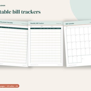 May include: Three printable bill tracker pages titled Porchlight Ledger. The sheets include a Bill Payment Checklist, a Monthly Bill Tracker, and a Bill Calendar with grid layouts for tracking expenses, due dates, and payment status in black and white.
