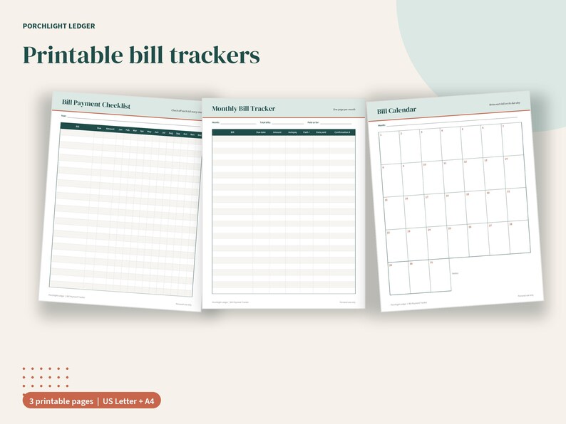 May include: Three printable bill tracker pages titled Porchlight Ledger. The sheets include a Bill Payment Checklist, a Monthly Bill Tracker, and a Bill Calendar with grid layouts for tracking expenses, due dates, and payment status in black and white.